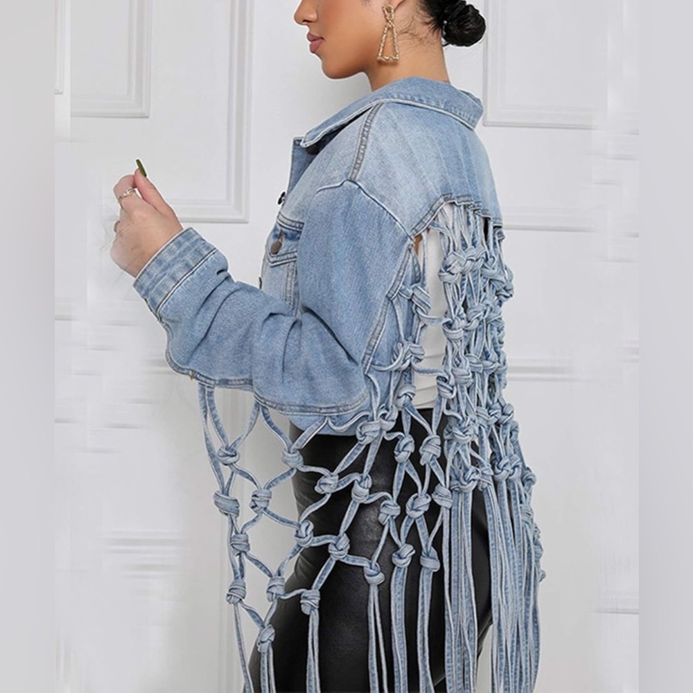 Cropped Denim Fringe Jean Jacket Back Hollow Out Knotted Tassel Distressed XXL - Picture 3 of 14